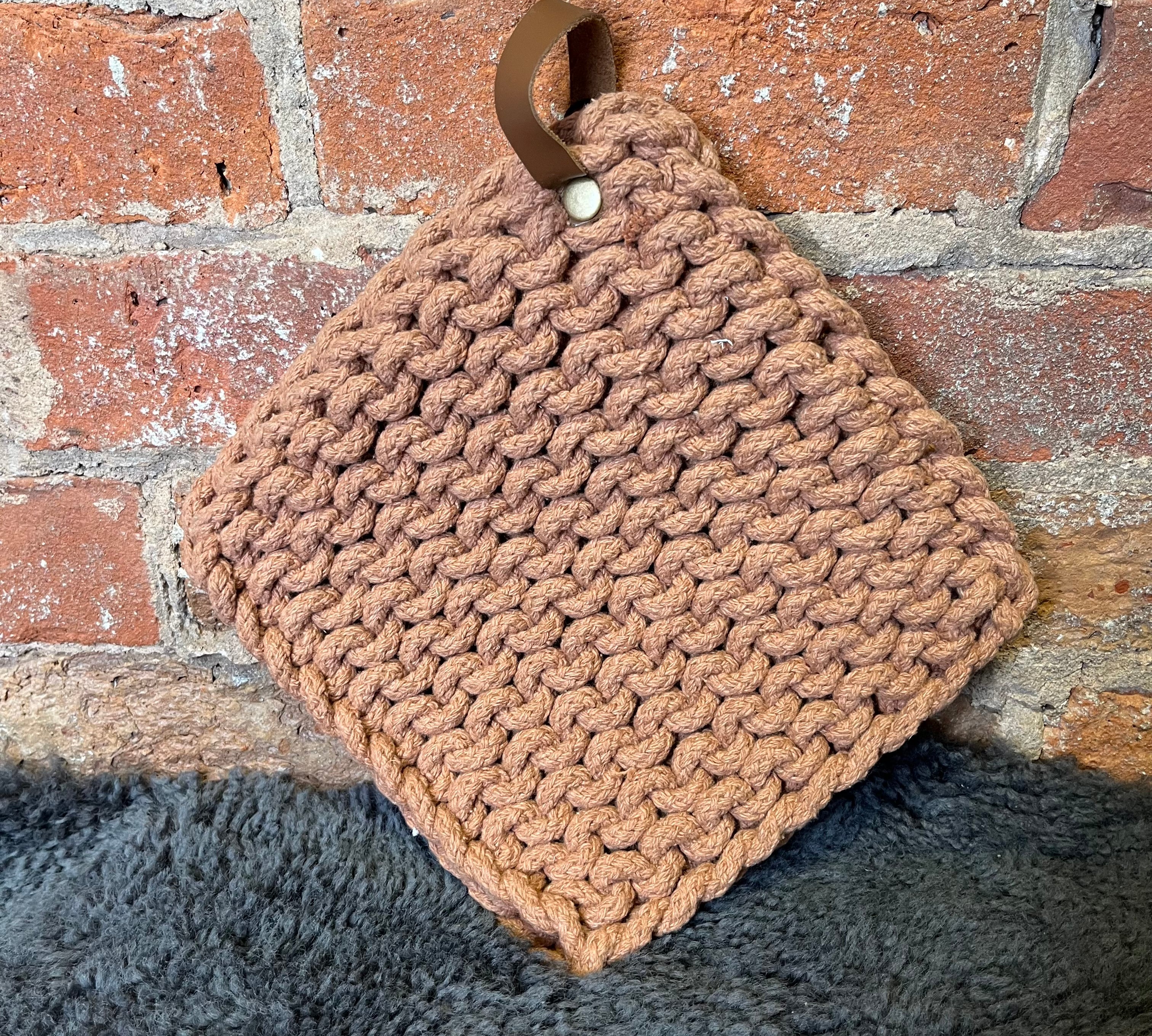 Square Cotton Pot Holder w/ Leather Loop 8”