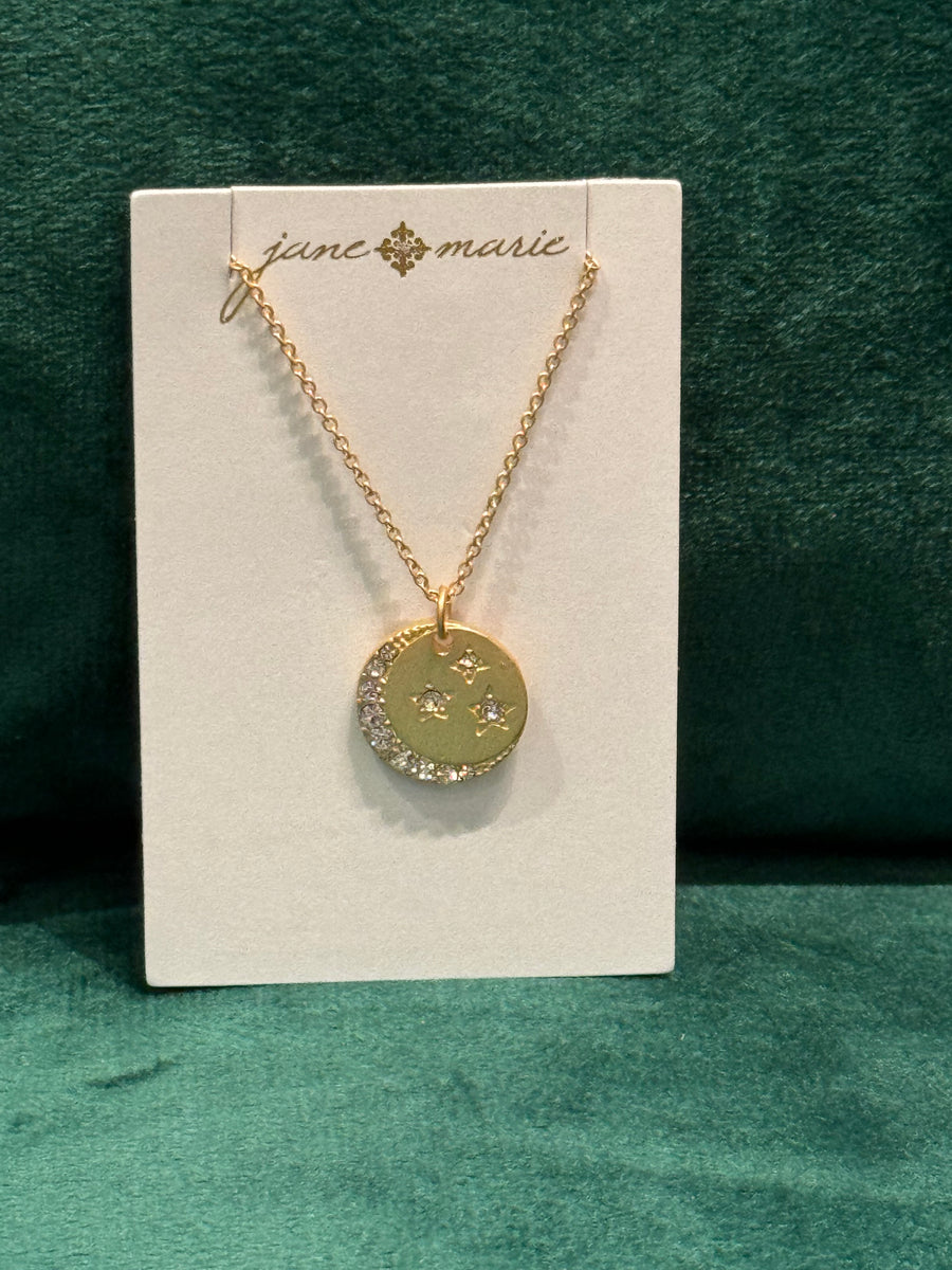 Gold Disc w/ Crystal Moon & Stars Necklace