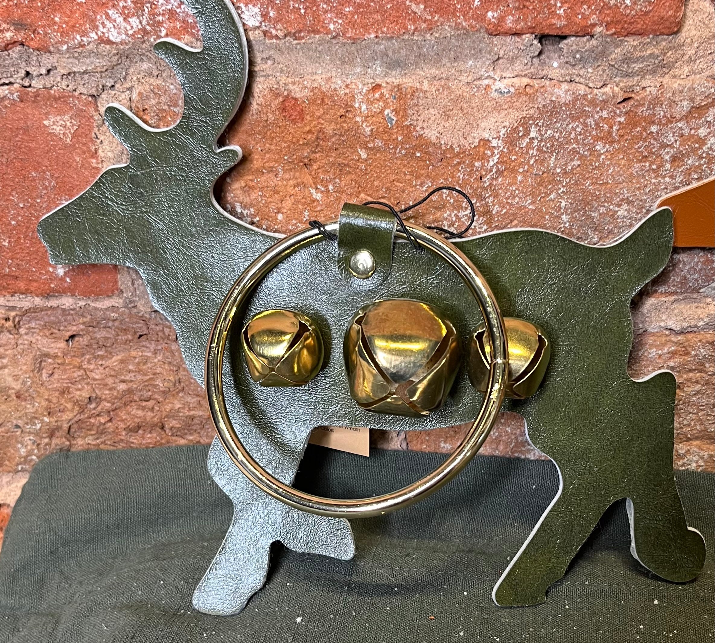 Leather/Metal Ring Deer Door Hanger w/ 3 Jingle Bells 8x7.75”