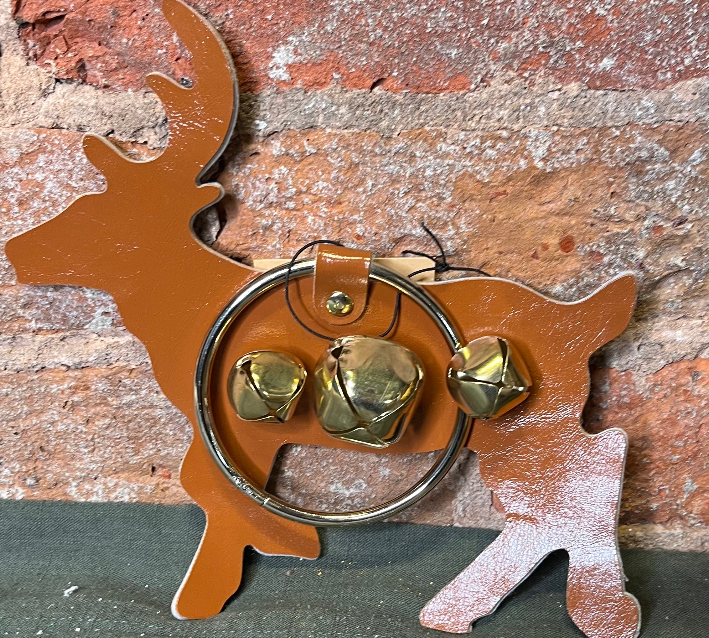 Leather/Metal Ring Deer Door Hanger w/ 3 Jingle Bells 8x7.75”