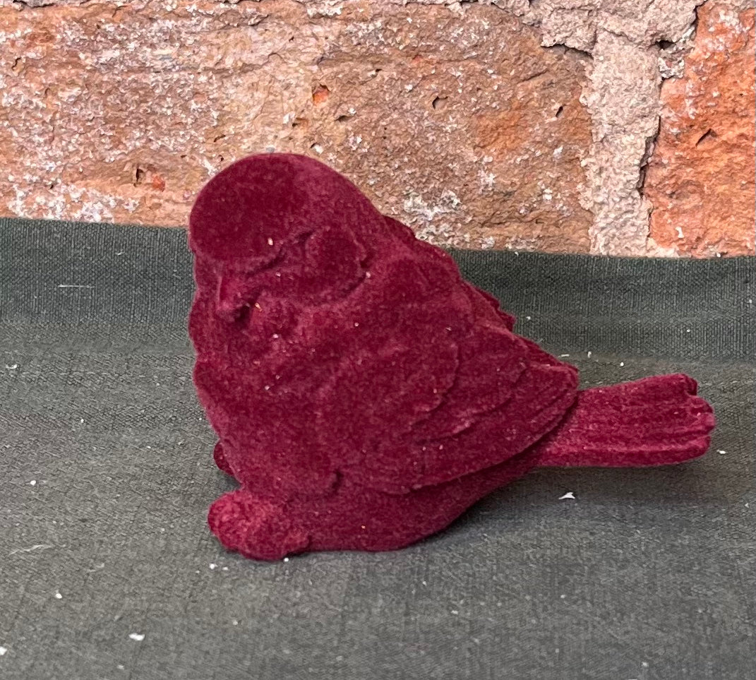 Flocked Burgundy Chickadee 3.75x3”