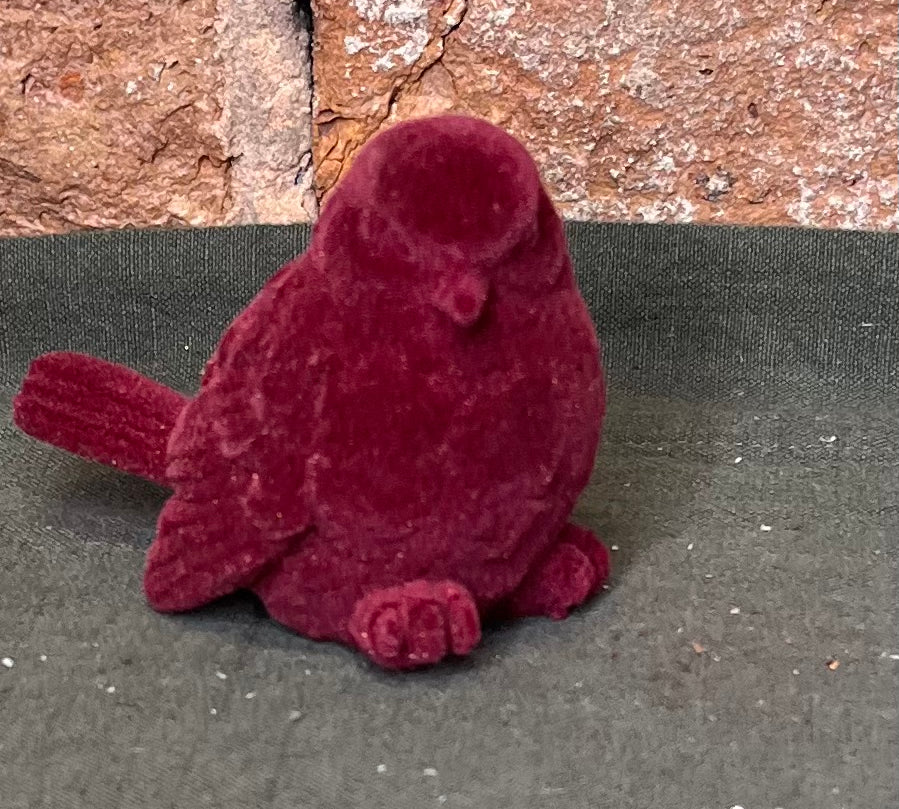 Flocked Burgundy Chickadee 3.75x3”