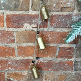 Hanging Antique Brass Metal Cylinder Bells w/ Wood Beads on Jute 28”