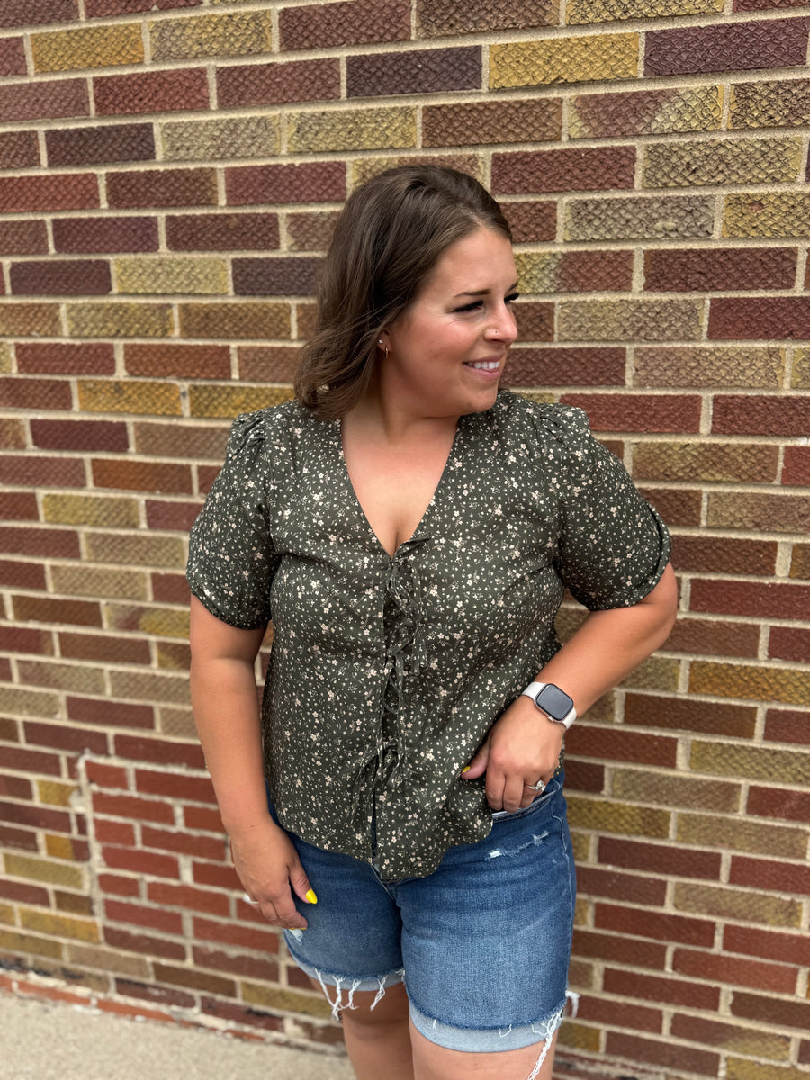 Tie Front Olive Floral Top