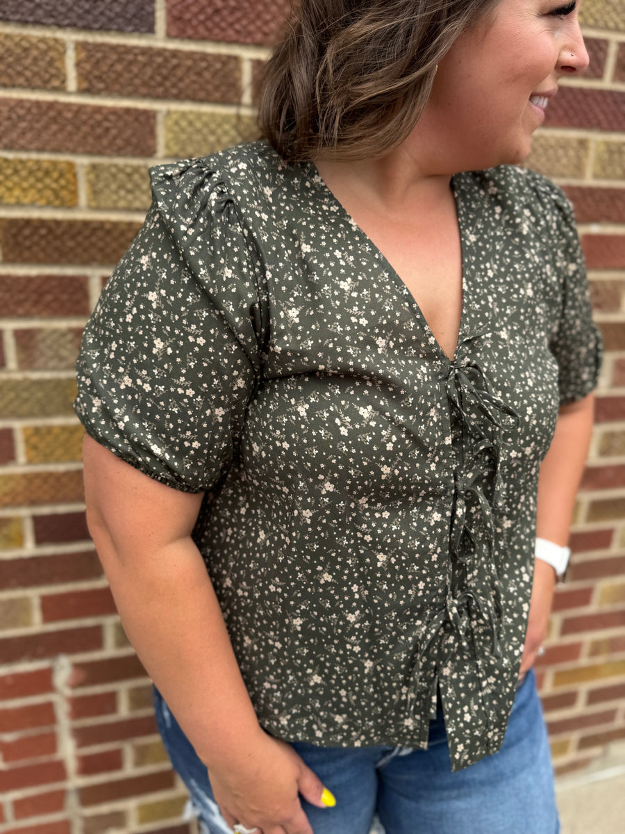 Tie Front Olive Floral Top