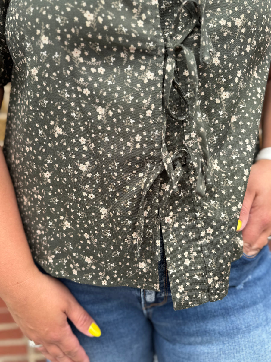 Tie Front Olive Floral Top