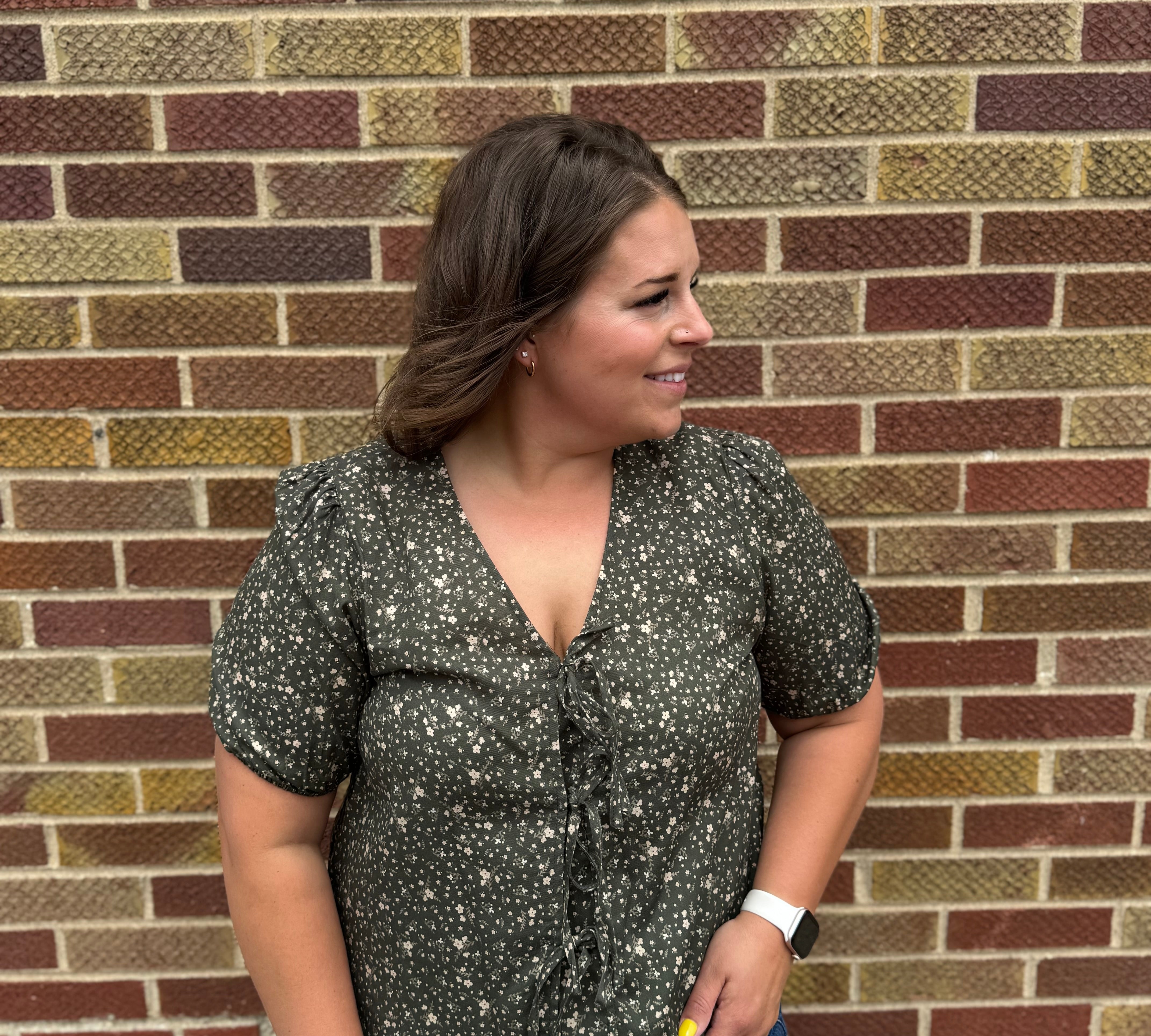 Tie Front Olive Floral Top