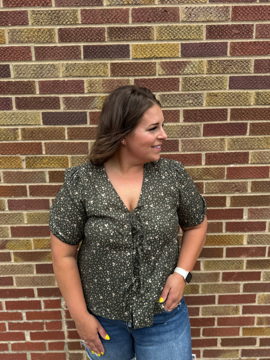 Tie Front Olive Floral Top