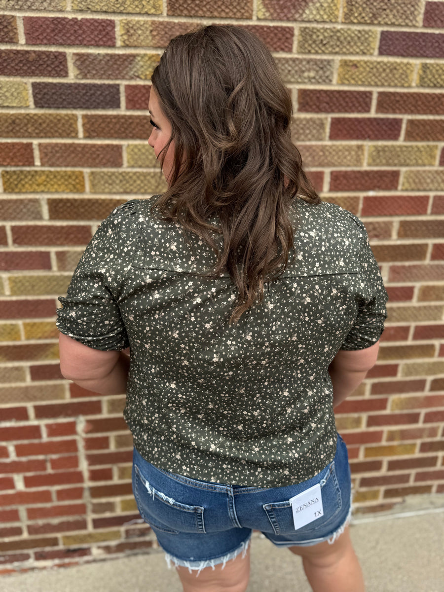 Tie Front Olive Floral Top