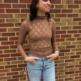 High Neck Sheer Mesh Lace Knit Top