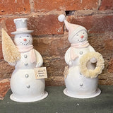 Cream Resin Snowman w/Pink Scarf 9”