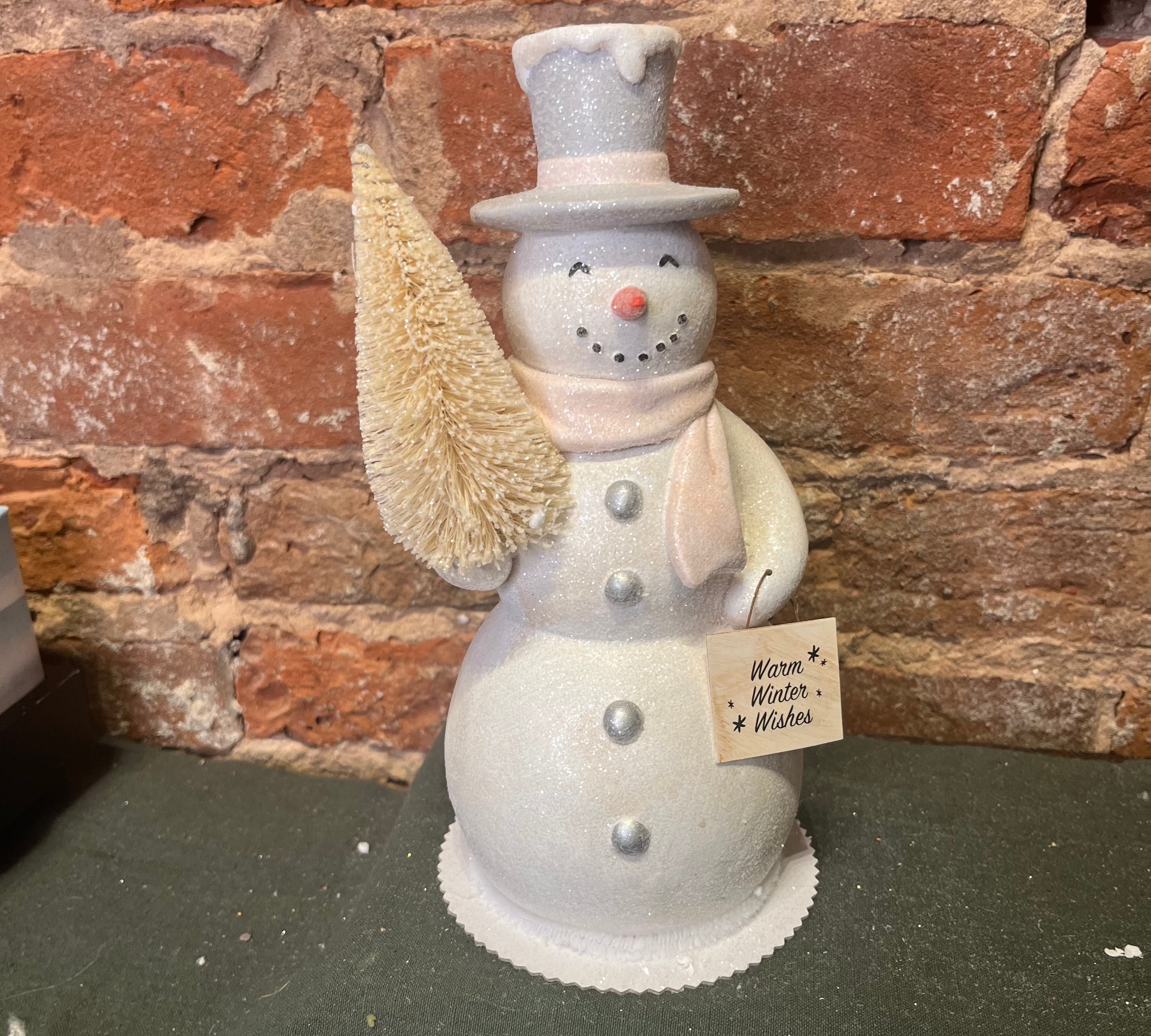 Cream Resin Snowman w/Pink Scarf 9”