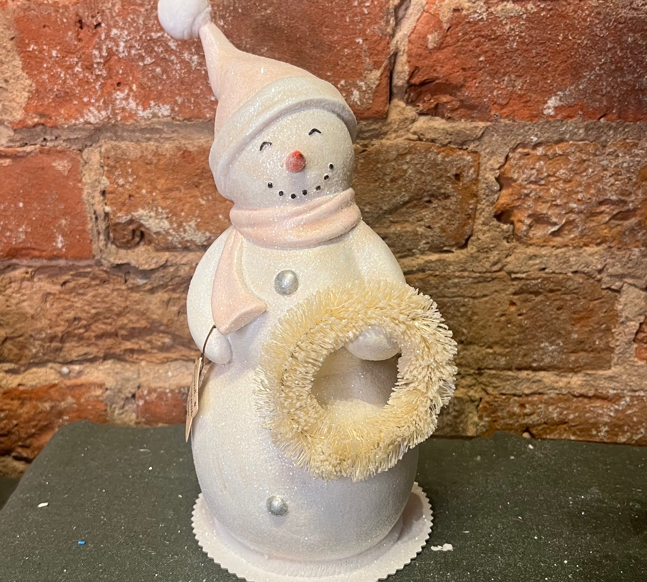 Cream Resin Snowman w/Pink Scarf 9”