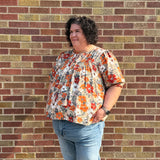 Plus Floral Print Short Sleeve Top w/Tie Detail