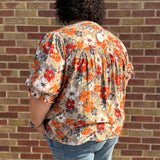 Plus Floral Print Short Sleeve Top w/Tie Detail