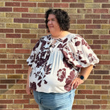 Plus Brown/Cream Floral Print Top w/Front Tie