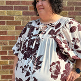Plus Brown/Cream Floral Print Top w/Front Tie
