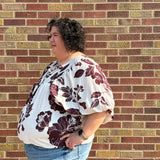 Plus Brown/Cream Floral Print Top w/Front Tie