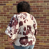 Plus Brown/Cream Floral Print Top w/Front Tie