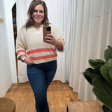 Striped Notched Neck Cropped Sweater