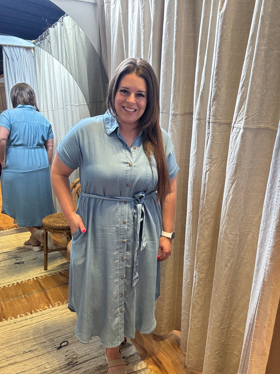 Plus Chambray Button Down Midi Dress