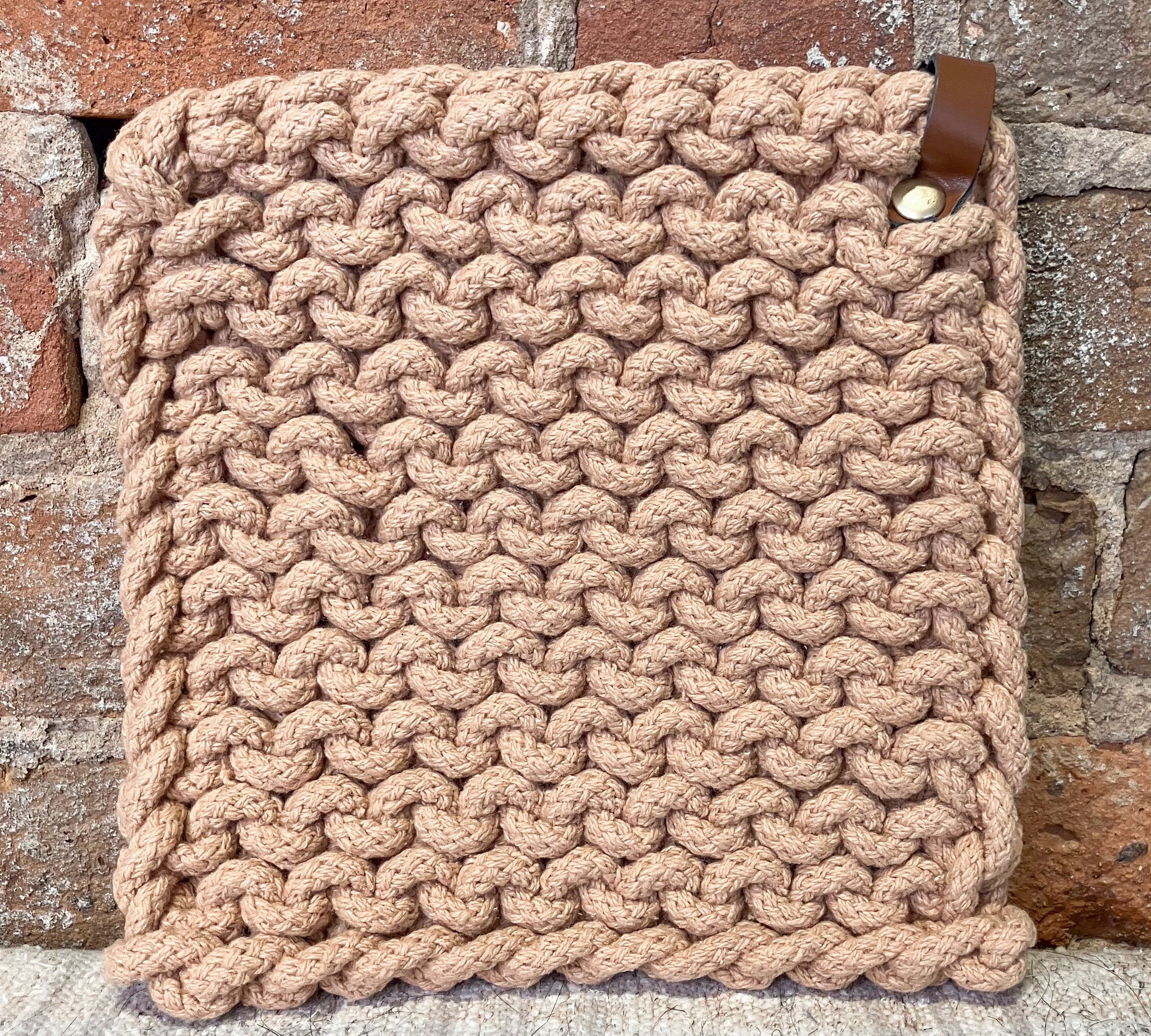Square Cotton Pot Holder w/ Leather Loop 8”