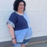 Plus Sweater Mixed Patchwork Textured Ruffle Top