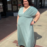 Plus Solid Maxi Dress w/Ruched Sleeve