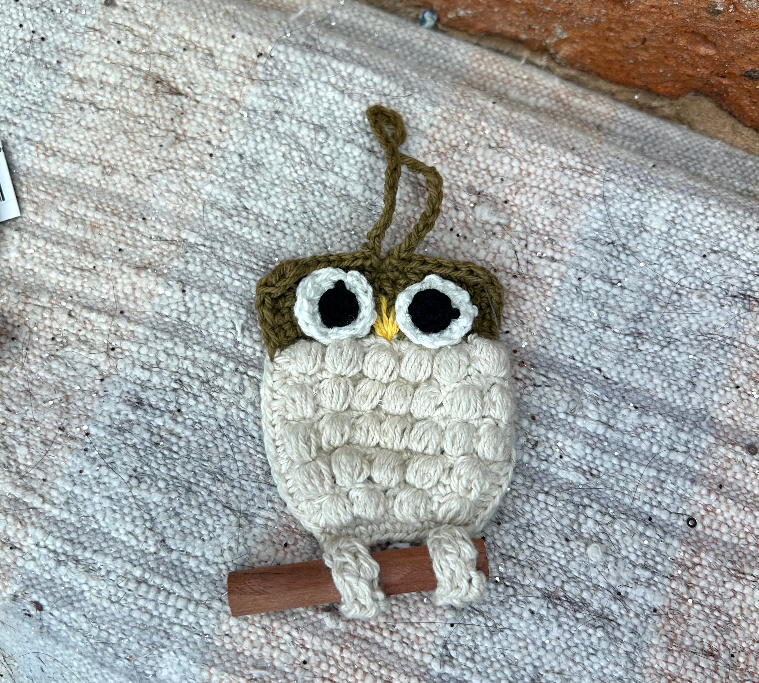 Crochet Owl on Wood Branch Orn 3”