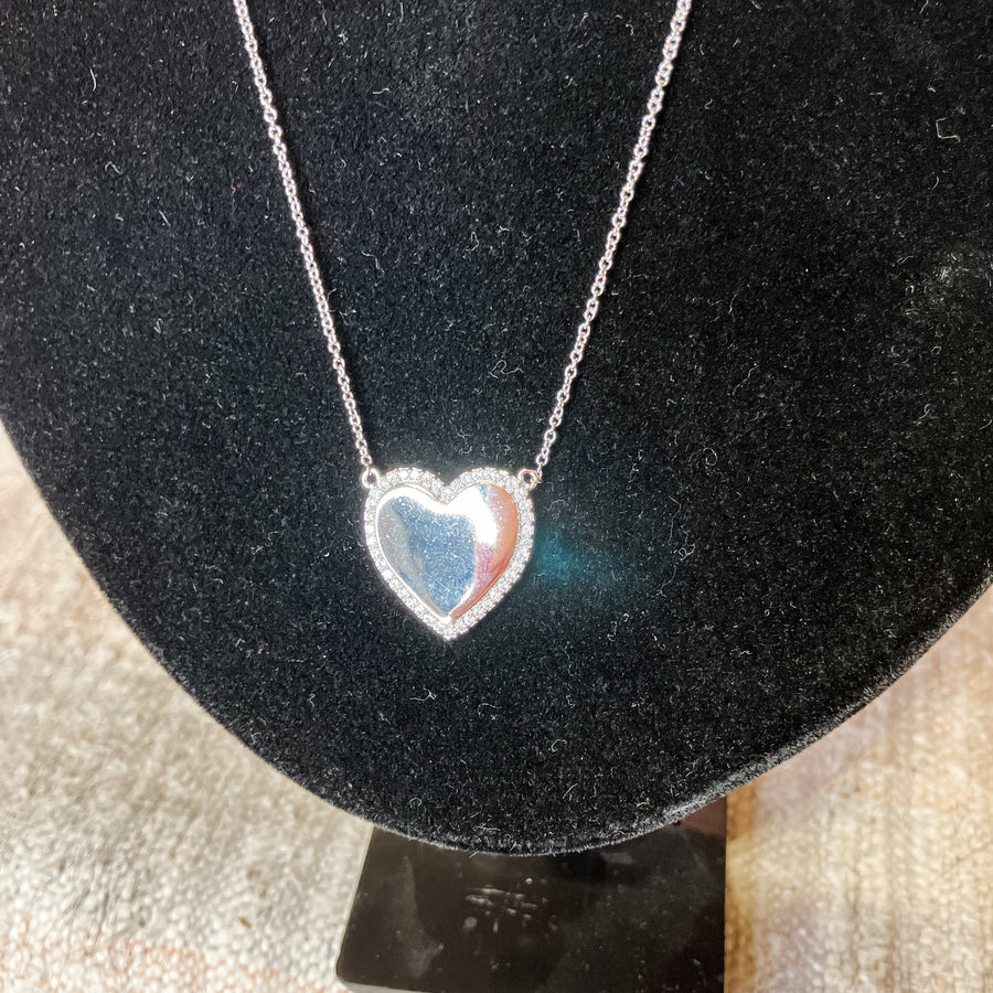 Silver Chain Necklace w/Rhinestone Heart Pendant