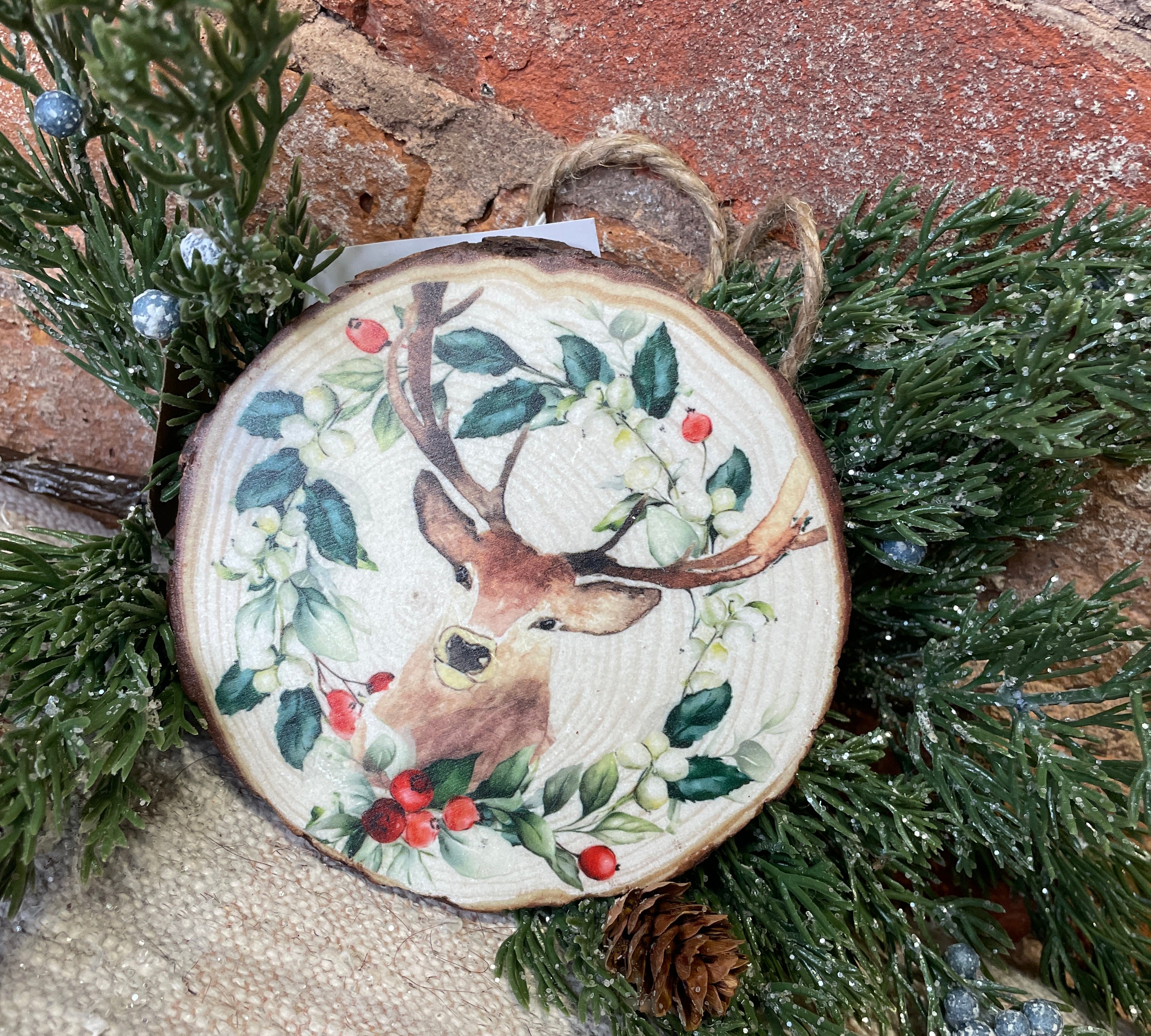 Holiday Stag Resin Wood Slice Orn 5.75”
