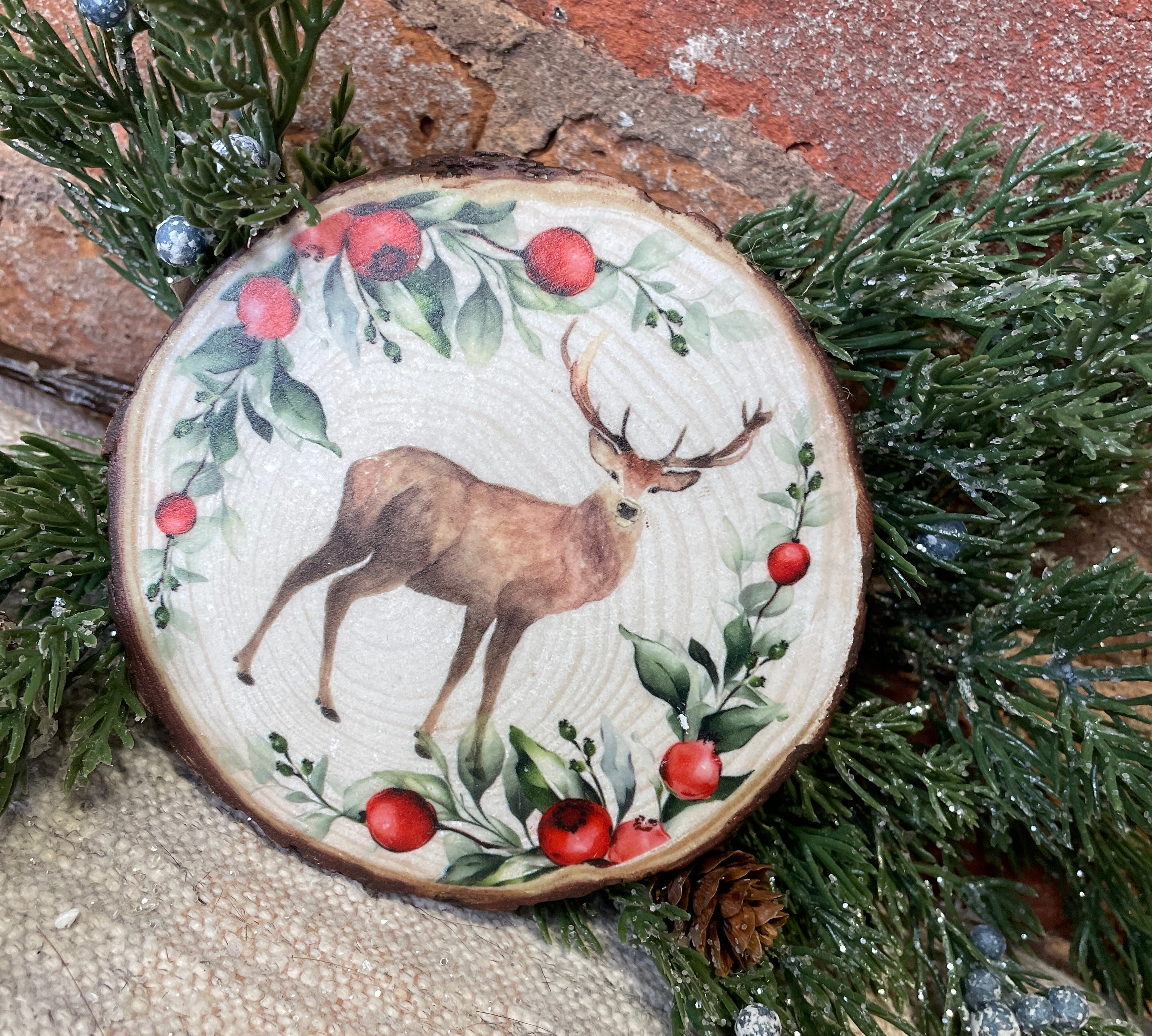 Holiday Stag Resin Wood Slice Orn 5.75”