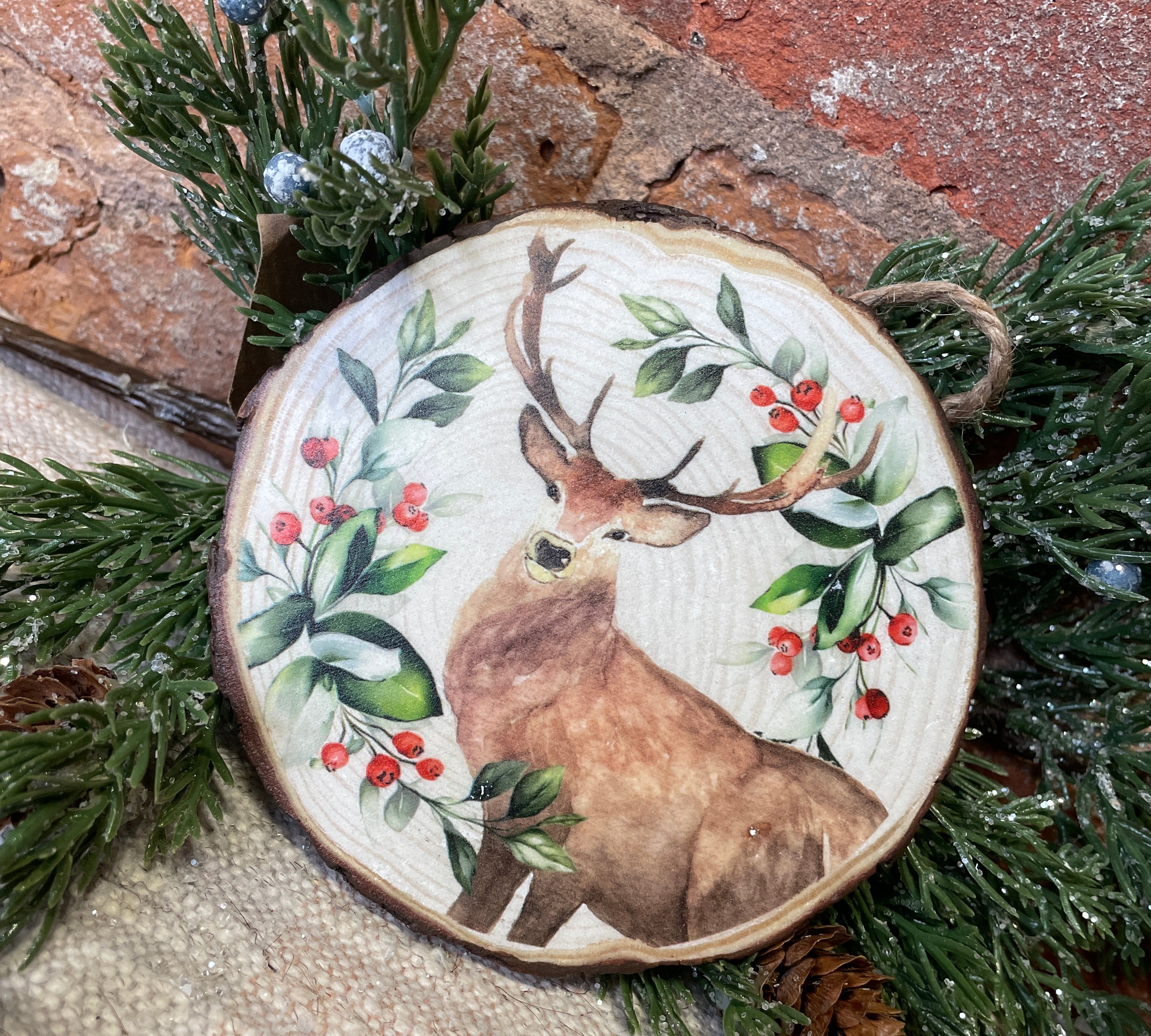 Holiday Stag Resin Wood Slice Orn 5.75”