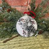 White Pine/Holly Glass Disc Orn w/ Red Ribbon 4.5"