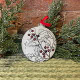 White Pine/Holly Glass Disc Orn w/ Red Ribbon 4.5"