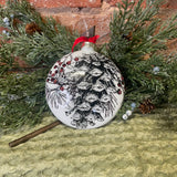 White Pine/Holly Glass Disc Orn w/ Red Ribbon 4.5"