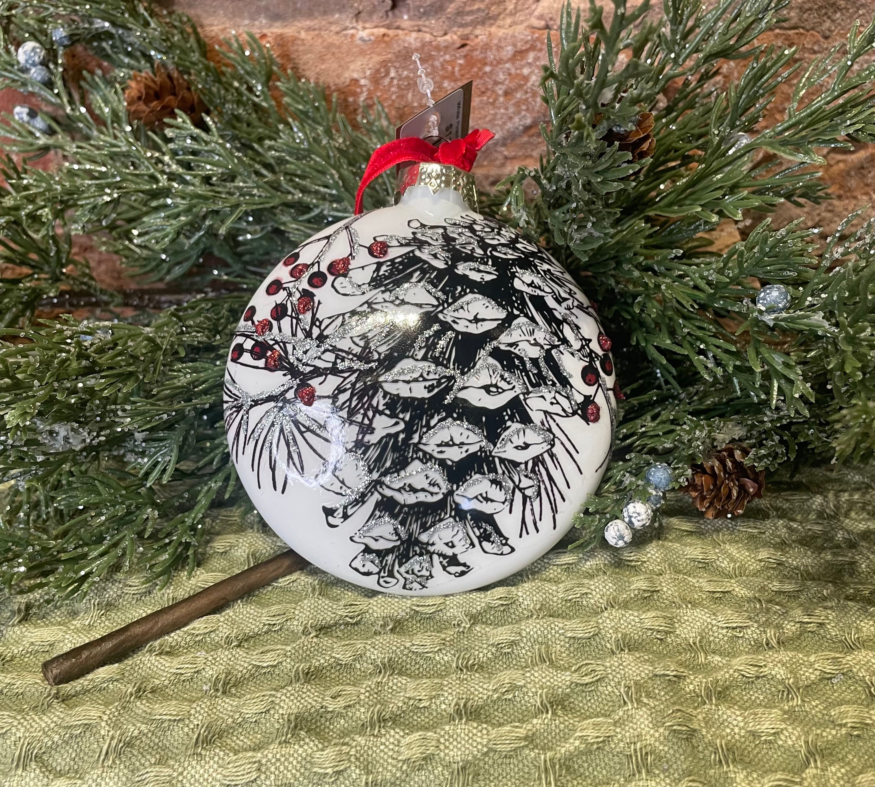 White Pine/Holly Glass Disc Orn w/ Red Ribbon 4.5"