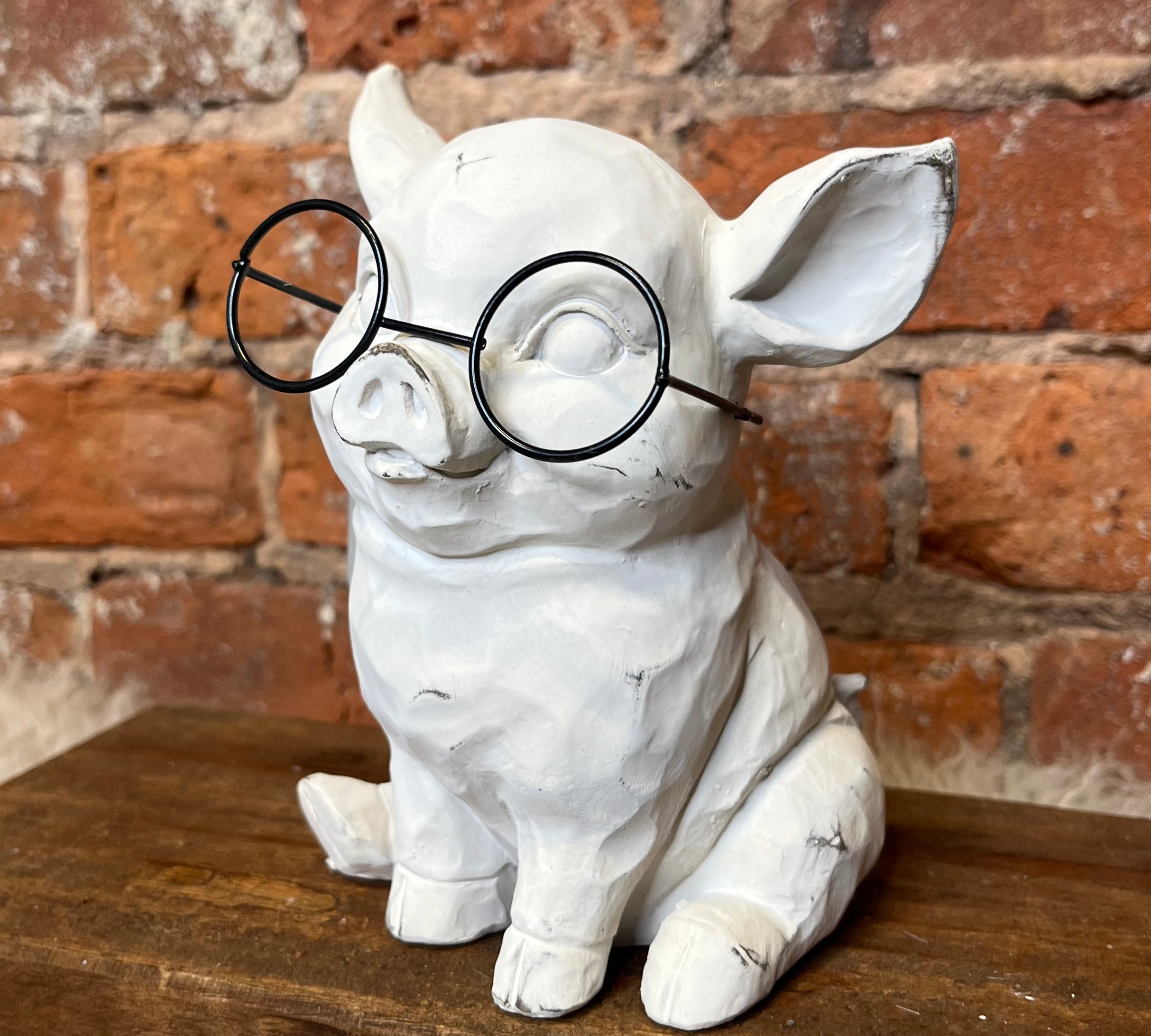 White Resin Eyes Closed Pig w/Glasses 6.5"