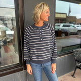 Button Stripe Knit Pullover