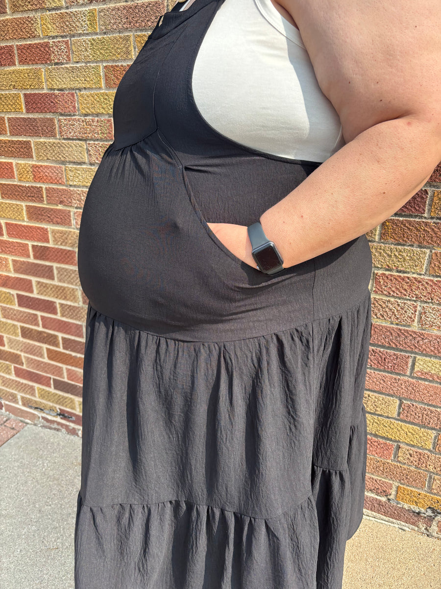 Plus Solid Tiered Midi Dress w/Side Pocket