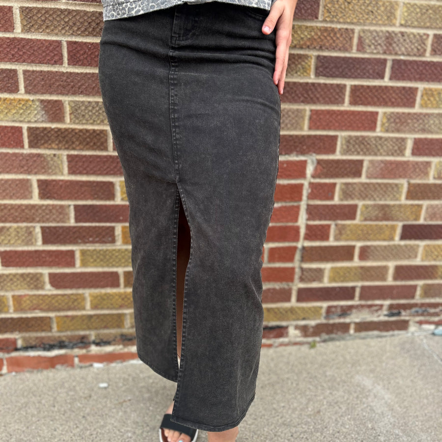 Washed Black Elastic Skirt w/Front Slit