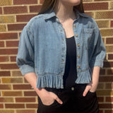 Ruffled Hem Button Down Denim Top