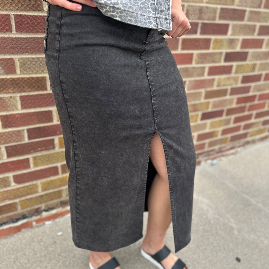 Washed Black Elastic Skirt w/Front Slit