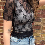 High Neck Lace Short Sleeve Top