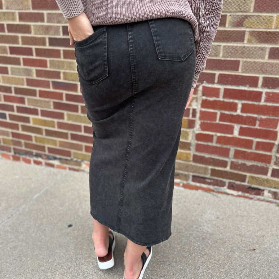 Washed Black Elastic Skirt w/Front Slit