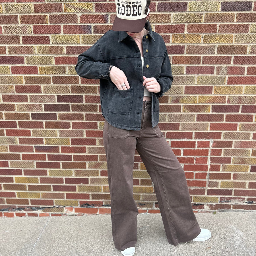 Button Down Distressed Wash Canvas Jacket w/ Pockets