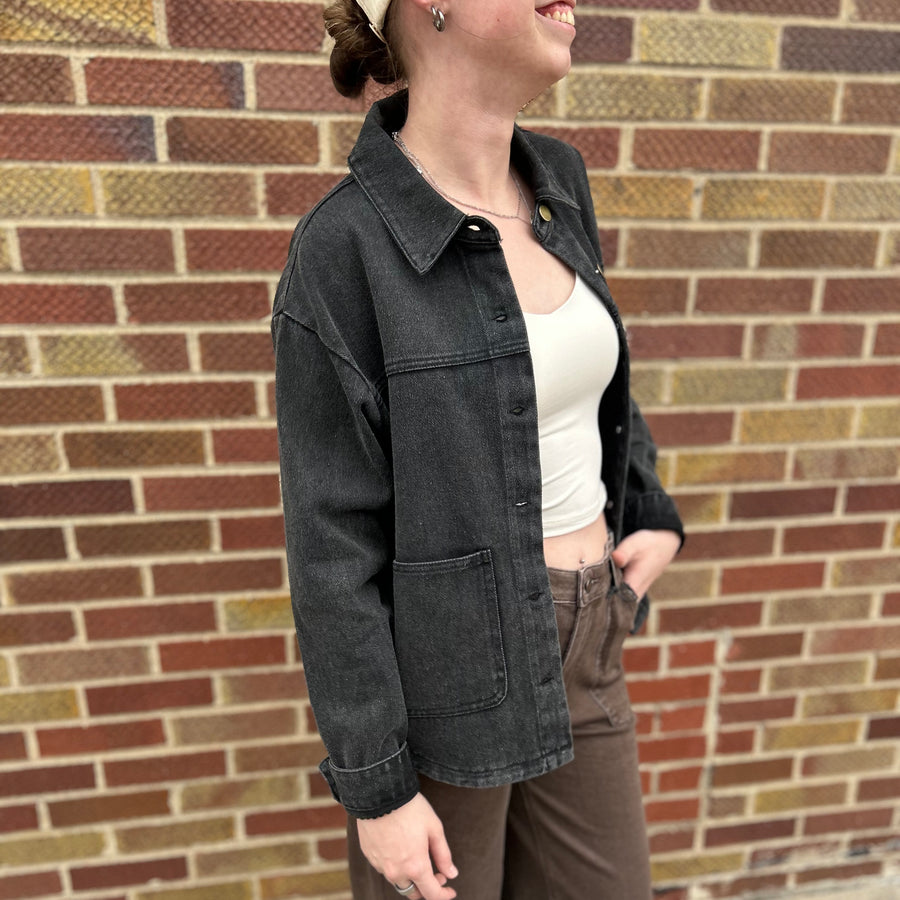 Button Down Distressed Wash Canvas Jacket w/ Pockets