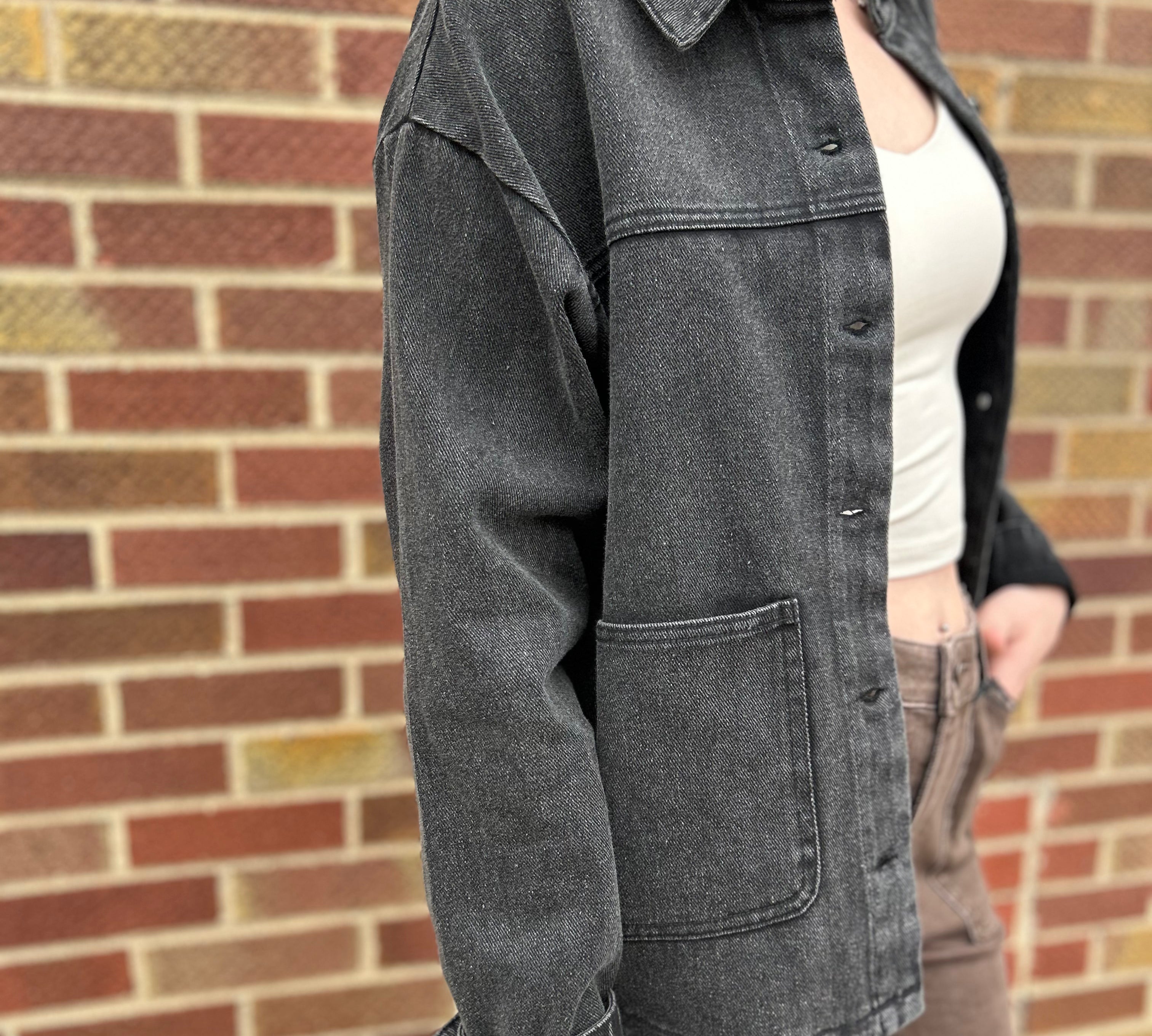 Button Down Distressed Wash Canvas Jacket w/ Pockets