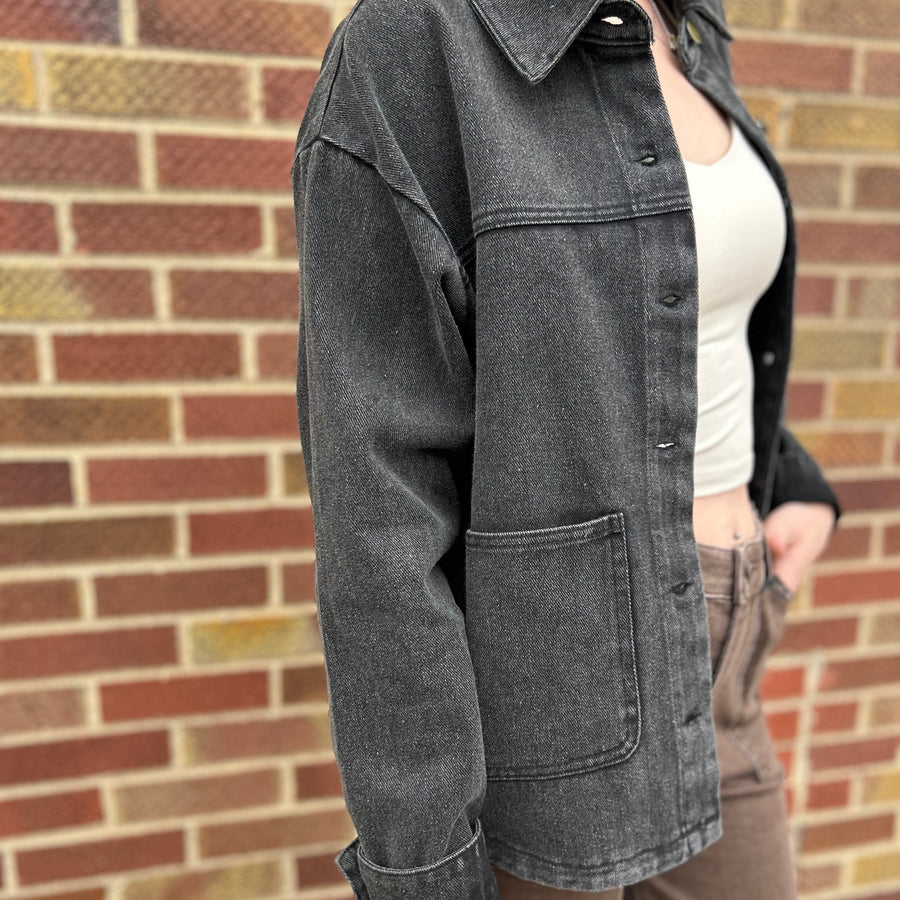 Button Down Distressed Wash Canvas Jacket w/ Pockets