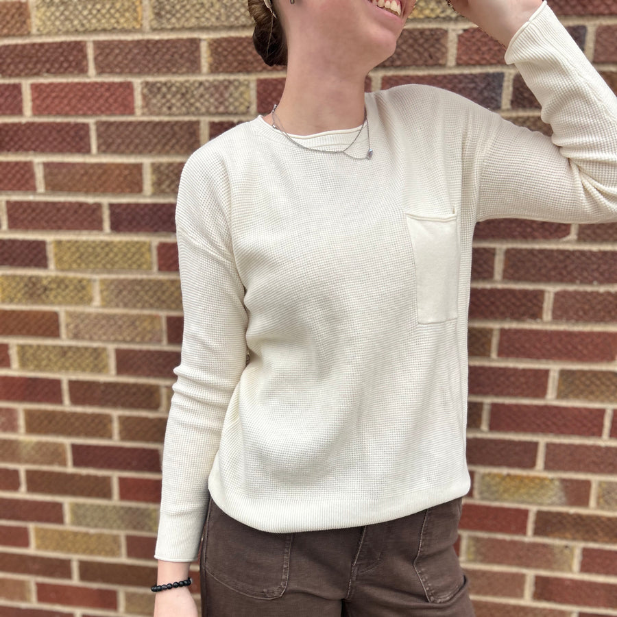Wide Neck Waffle Knit Sweater w/Chest Pocket